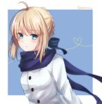  absurdres ahoge arms_behind_back artoria_pendragon_(all) bangs blue_background blue_scarf blush braid closed_mouth coat commentary_request eyebrows_visible_through_hair fate/stay_night fate_(series) green_eyes hair_bun highres long_sleeves looking_at_viewer saber scarf short_hair simple_background smile solo tanaji twitter_username upper_body white_coat 