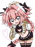  :d aiguillette arms_behind_back astolfo_(fate) bangs belt black_bow black_legwear black_shirt black_shorts blush bow braid cleavage_cutout commentary_request cowboy_shot crop_top cropped_jacket dot_nose epaulettes eyebrows_visible_through_hair fang fate/apocrypha fate_(series) fringe_trim gold_trim groin hair_between_eyes hair_bow hair_intakes hat heart high_collar highres jacket leaning_forward long_hair long_sleeves looking_at_viewer male_focus multicolored_hair navel open_clothes open_jacket open_mouth otoko_no_ko pink_hair purple_eyes raised_eyebrows shiny shiny_hair shirt short_shorts shorts simple_background single_braid sketch smile solo standing stomach streaked_hair thigh_gap thighhighs toyosu turtleneck two-tone_hair very_long_hair white_background white_belt white_hair white_hat white_jacket 