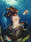  2018 5_fingers anthro aquatic_dragon areola black_hair black_scales breasts choker clothed clothing digital_media_(artwork) dragon dress female feral fin fish group hair horn hybrid ivenvorry julia_(boralis) kardie koi looking_aside marine multicolored_hair multicolored_scales nipples orange_hair orange_scales reptile scales scalie sheer_clothing smile translucent transparent_clothing two_tone_hair two_tone_scales underwater water yellow_eyes 