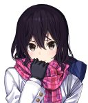  absurdres bag black_gloves black_hair blush brown_eyes closed_mouth enpera fur_trim gloves hair_between_eyes highres jacket long_sleeves looking_at_viewer max_melon original red_scarf scarf school_bag simple_background solo white_background white_jacket 