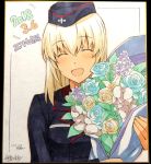  :d black_hat black_jacket blonde_hair blue_flower blue_rose blush bouquet breast_pocket character_name closed_eyes dated eyebrows_visible_through_hair facing_viewer fingernails flower girls_und_panzer hair_between_eyes hat highres holding itsumi_erika jacket long_hair long_sleeves marker_(medium) military military_uniform nakamura_yukitoshi open_mouth photo pocket purple_flower purple_rose rose signature smile solo traditional_media uniform yellow_flower yellow_rose 