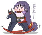  :d absurdly_long_hair absurdres bangs blush bodysuit chibi commentary_request eyebrows_visible_through_hair fate/grand_order fate_(series) from_side hand_up highres jitome long_hair low-tied_long_hair minamoto_no_raikou_(fate/grand_order) neck_ribbon open_mouth parted_bangs pink_bodysuit purple_eyes rei_(rei_rr) ribbon rocking_horse sash simple_background sitting smile solo thighhighs translation_request very_long_hair white_background 