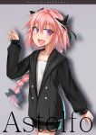  :d absurdres ahoge astolfo_(fate) bangs black_bow black_jacket black_skirt blazer blush bow braid buttons character_name collarbone commentary_request copyright_name cowboy_shot double-breasted drop_shadow eyebrows_visible_through_hair eyelashes fang fate/apocrypha fate/grand_order fate_(series) grey_background hair_between_eyes hair_bow hair_intakes hand_up highres jacket kirisame_mia long_hair long_sleeves looking_at_viewer male_focus miniskirt multicolored_hair open_mouth otoko_no_ko parted_bangs pink_hair purple_eyes shirt simple_background single_braid sketch skirt sleeves_past_wrists smile solo standing streaked_hair thick_eyebrows two-tone_hair v-shaped_eyebrows very_long_hair waving white_hair white_shirt 