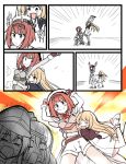  :d ark_royal_(kantai_collection) arms_up atsushi_(aaa-bbb) belt bismarck_(kantai_collection) blonde_hair blue_eyes blush bob_cut breasts cleavage_cutout clenched_hands closed_eyes comic commentary corset crying crying_with_eyes_open dress emphasis_lines eyebrows_visible_through_hair fingerless_gloves flower gloves hair_between_eyes hat hat_removed headwear_removed highres hug hug_from_behind jacket jervis_(kantai_collection) kantai_collection long_hair mary_janes military military_hat mini_hat multiple_girls one_eye_closed one_knee open_mouth overskirt pantyhose peaked_cap pola_(kantai_collection) red_flower red_hair red_ribbon red_rose ribbon rose sailor_dress sailor_hat shoes short_hair shorts smile sweat tears tiara traumatized wavy_hair wavy_mouth 