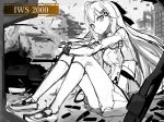  ahoge aircraft airplane arms_on_knees bangs bow breasts bullet character_name cityscape closed_mouth crossed_arms expressionless eyebrows_visible_through_hair fighter_jet girls_frontline gloves greyscale hair_between_eyes hair_ornament hair_ribbon hairclip highres iws-2000_(girls_frontline) izayoi_cha jacket jet kneehighs long_hair looking_at_viewer medium_breasts military military_uniform military_vehicle monochrome pleated_skirt ribbon ruins shell_casing shirt shoes sidelocks sitting sketch skirt solo steyr_iws_2000 thighs uniform weapon 
