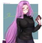  absurdres black-framed_eyewear black_sweater blush book bow breasts brown_eyes closed_mouth commentary_request contrapposto denim fate/stay_night fate_(series) glasses green_background hair_ribbon heart highres holding holding_book jeans large_breasts long_hair long_sleeves low-tied_long_hair pants purple_bow purple_eyes purple_hair ribbon rider semi-rimless_eyewear smile solo standing sweater tanaji tress_ribbon twitter_username under-rim_eyewear upper_body very_long_hair 