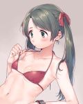  bangs bikini black_eyes black_hair blush bracelet breasts grey_background hair_ribbon halterneck highres jewelry kantai_collection long_hair mikuma_(kantai_collection) navel red_bikini red_ribbon ribbon rojiko simple_background small_breasts solo strap_pull swimsuit twintails twintails_day upper_body 