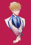  ahoge arthur_pendragon_(fate) blonde_hair blue_flower blue_neckwear blue_rose closed_eyes closed_mouth commentary_request cross fate/prototype fate_(series) flower highres holding holding_flower jacket light_smile male_focus necktie portrait red_background rose shirt simple_background solo striped striped_shirt tenobe upper_body vertical-striped_shirt vertical_stripes white_jacket 