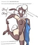  2018 anthro ask_blog black_body black_nipples blue_topwear breasts caprine cel_shading clothing dialogue digital_media_(artwork) female fluttershythekind hi_res hooves jewene_the_ewe looking_down mammal mostly_nude multicolored_body navel nipples on_one_leg panties panties_around_one_leg pink_bottomwear pussy shaded sheep simple_background solo standing striped_panties tan_body two_tone_body underwear underwear_around_one_leg undressing white_background white_body white_tail wool 