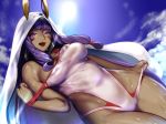  animal_ears breasts cleavage clouds dark_skin fate/grand_order fate_(series) long_hair nitocris_(fate/grand_order) purple_eyes purple_hair shiba_kumiko sky swimsuit wet 