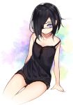  black_hair blue_eyes breasts closed_mouth copyright_request eyepatch highres lingerie looking_at_viewer multicolored multicolored_background multicolored_eyes negligee one_eye_covered purple_eyes short_hair sitting small_breasts solo tsunekichi underwear 