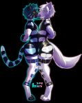  2018 anixis anthro bdsm black_background black_fur black_nose blue_collar blue_eyes blue_fur blue_hair blush bondage bound bound_together canine cat clothed clothing collar conditional_dnp digital_drawing_(artwork) digital_media_(artwork) dipstick_tail duo feline forced_partners fur hair hi_res male male/male mammal multicolored_fur multicolored_tail nelis open_mouth oral orange_eyes rubber sex_toy shiny sige simple_background standing stripes tight_clothing toes two_tone_fur white_collar white_fur white_hair 