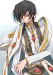  black_hair cape code_geass creayus eyebrows_visible_through_hair lelouch_lamperouge long_sleeves looking_at_viewer male_focus purple_eyes robe simple_background solo upper_body white_background white_cape 