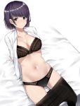  arm_support bed_sheet black_bra black_legwear black_panties blue_eyes blush bra closed_mouth collared_shirt commentary_request embarrassed eyebrows_visible_through_hair navel open_clothes open_shirt original panties pantyhose pantyhose_pull purple_hair shirt short_hair sitting solo suzuharu_toufu underwear wing_collar 