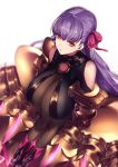  blurry blurry_background bodysuit breasts claws closed_mouth commentary_request depth_of_field eyebrows_visible_through_hair fate/extra fate/extra_ccc fate_(series) huge_breasts kyouya_(mukuro238) long_hair looking_at_viewer o-ring passion_lip pink_eyes purple_hair see-through simple_background sitting solo very_long_hair white_background 