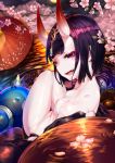  :d alcohol arms_at_sides bangs blush bob_cut breasts cherry_blossoms collarbone cup eyebrows_visible_through_hair eyelashes eyeshadow fang fangs fate/grand_order fate_(series) food from_above from_behind fruit full_moon gourd grapes half-closed_eyes headpiece highres horns legs legs_together looking_at_viewer looking_back makeup mandarin_orange mascara moon night nude oni oni_horns open_mouth oriental_umbrella outdoors petals purple_eyes purple_hair ripples sakazuki short_eyebrows short_hair shuten_douji_(fate/grand_order) sitting small_breasts smile solo teeth tree umbrella water wei_yu 