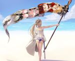  ass back bikini black_footwear black_gloves black_panties blonde_hair blue_bikini boots breasts brown_jacket brown_legwear carrying chemise closed_eyes cloud cloudy_sky commentary dakimakura_(object) day flag flower from_behind gloves granblue_fantasy hair_flower hair_ornament hair_ribbon high_heel_boots high_heels hinami_(hinatamizu) holding holding_staff horns island jacket jeanne_d'arc_(granblue_fantasy) long_hair lying medium_breasts narmaya_(granblue_fantasy) ocean on_back on_stomach outdoors panties pillow ponytail purple_hair ribbon see-through skirt sky solo staff standing swimsuit sword thigh_boots thighhighs thong underwear vira_lilie weapon white_skirt 