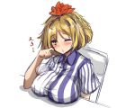  amagi_(amagi626) black_hair blonde_hair blush breast_rest breasts chair commentary folding_chair large_breasts lawson multicolored_hair one_eye_closed parted_lips resting shirt short_hair solo striped striped_shirt toramaru_shou touhou vertical-striped_shirt vertical_stripes yellow_eyes 
