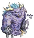  abs alistar_(league_of_legends) artist_name beau_555 blue_hair bull chain character_name dated furry horns league_of_legends male_focus minotaur navel piercing scar shirtless simple_background solo white_background 