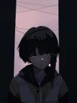  asymmetrical_hair bonryuu brown_eyes brown_hair earphones hair_ornament hairclip highres hood hoodie iwakura_lain looking_at_viewer power_lines serial_experiments_lain short_hair single_earphone_removed solo upper_body 