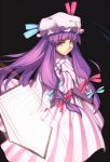  bangs black_background blue_ribbon book commentary crescent crescent_moon_pin dress eyebrows_visible_through_hair feet_out_of_frame floating_book hair_ribbon hat hat_ribbon kaiza_(rider000) long_eyebrows long_hair long_sleeves looking_at_viewer mob_cap open_book patchouli_knowledge pink_dress pink_hat purple_eyes purple_hair red_ribbon ribbon serious sidelocks simple_background solo standing striped striped_dress touhou turning_page 