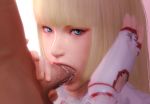  1boy 1girl 3d blonde_hair blue_eyes dress emilie_de_rochefort erection fellatio female fingerless_gloves gloves hetero hime_cut light-skinned light-skinned_female long_hair male mrstranger namco nude oral penis tekken tekken_6 uncensored white_dress 