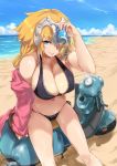  alternate_costume beach bikini black_bikini blonde_hair blue_eyes braid breasts can cloud day fate/grand_order fate_(series) ground_vehicle headpiece highres holding holding_can jacket jeanne_d'arc_(fate) jeanne_d'arc_(fate)_(all) large_breasts leaning_against_motorcycle long_braid long_hair long_sleeves looking_at_viewer motor_vehicle motorcycle ocean ohland outdoors pink_jacket scooter side-tie_bikini single_braid sitting sky smile solo swimsuit very_long_hair 