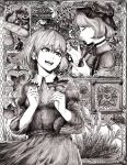  aki_minoriko aki_shizuha apple baguette bangs bread buttons choker closed_eyes eyelashes fingernails food frame fruit grapes greyscale hands_up hat highres holding leaf looking_afar monochrome mugo_(mugokii) multiple_girls open_mouth pear ribbon_choker short_hair siblings sisters skirt skirt_set smile teeth touhou wheat 