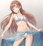  ass_visible_through_thighs bare_arms bare_shoulders bikini blush breasts breasts_apart brown_eyes brown_hair closed_mouth collarbone contrapposto cowboy_shot earrings eyebrows_visible_through_hair glint gradient gradient_background grey_background head_tilt idolmaster idolmaster_cinderella_girls irohakaede jewelry lips long_hair medium_breasts navel nitta_minami sarong sarong_lift see-through shiny shiny_hair skirt_hold smile solo standing stomach straight_hair swimsuit thighs very_long_hair white_bikini 