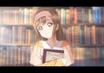  bangs blurry blurry_background book bookshelf brown_hair depth_of_field hairband holding holding_book holding_to_chest kazuma_(theworld000021) kunikida_hanamaru letterboxed library long_hair long_sleeves looking_at_viewer love_live! love_live!_sunshine!! short_over_long_sleeves short_sleeves solo sweater upper_body yellow_eyes 