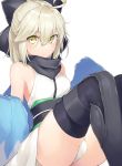  ahoge bare_shoulders black_bow black_scarf blonde_hair blue_kimono bow breasts dabuki eyebrows_visible_through_hair fate/grand_order fate_(series) feet_out_of_frame hair_between_eyes hair_bow haori highres japanese_clothes kimono knees_up leotard leotard_under_clothes light_blush looking_at_viewer medium_breasts obi off_shoulder okita_souji_(fate) okita_souji_(fate)_(all) sash scarf shin_guards short_hair sideboob simple_background sitting sleeveless sleeveless_kimono thighhighs thighs white_background white_leotard yellow_eyes 