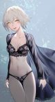  ahoge blonde_hair blush bra breasts cleavage collarbone commentary_request fate/grand_order fate_(series) floral_print groin highres jeanne_d'arc_(alter)_(fate) jeanne_d'arc_(fate)_(all) lace lace-trimmed_bra lace-trimmed_panties lingerie looking_at_viewer medium_breasts navel open_clothes open_robe panties robe salmon88 short_hair smile solo stomach underwear yellow_eyes 