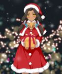  1girl artist_request breasts christmas dark_skin dress female large_breasts long_hair matsuri_(senran_kagura) santa_hat senran_kagura senran_kagura_(series) shiny smile solo standing twintails 