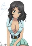  aoshidan_school_uniform black_hair blush breasts bukkuri character_request cleavage girls_und_panzer green_eyes large_breasts looking_at_viewer no_bra open_clothes open_shirt simple_background smile solo uniform white_background 