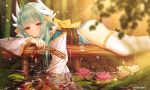  absurdres aqua_hair ass bamboo bamboo_forest blurry bow closed_mouth commentary depth_of_field dragon_girl dragon_horns eyebrows_visible_through_hair fan fate/grand_order fate_(series) fish flower folding_fan forest highres horns japanese_clothes junpaku_karen kiyohime_(fate/grand_order) koi light_smile lily_pad long_hair looking_at_viewer lotus lying nature obi on_stomach pixiv_id pond rain ripples sash soaking_hands solo thighhighs wet wet_clothes white_legwear wood yellow_eyes 