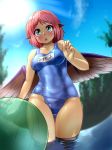  animal_ears bird_wings breasts commentary_request daajirin.koucha grey_eyes highres looking_at_viewer medium_breasts mystia_lorelei old_school_swimsuit one-piece_swimsuit open_mouth pink_hair school_swimsuit short_hair solo swimsuit touhou wings youkai 