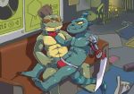  2015 alien amphibian anthro awesomenauts barefoot blade book clothing digital_drawing_(artwork) digital_media_(artwork) duo eyewear froggy.g glasses heater hi_res lamp leon_(awesomenauts) male male/male mohawk poster record reptile scalie shirt slugsdog sofa sweat underwear unknown_species video_games 