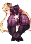  1girl absurdres ass backpack bag bangs black_gloves black_legwear blonde_hair blush bow double_bun dress elbow_gloves frills from_behind gatari gloves hair_ornament hand_on_ass highres long_hair looking_at_viewer luna_(shadowverse) ribbon school_uniform shadowverse solo tears thighhighs twintails very_long_hair white_background yellow_eyes 