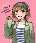  alternate_costume bandaid bandaid_on_face brown_eyes brown_hair casual commentary_request crab fang green_jacket hairband jacket kantai_collection oboro_(kantai_collection) open_mouth pink_background shirt short_hair simple_background smile solo striped striped_shirt tama_wo translated upper_body white_shirt 