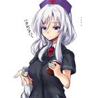  amagi_(amagi626) black_shirt blue_eyes braid breasts commentary convenience_store familymart hair_ornament hairclip hat large_breasts long_hair medicine_bottle nurse_cap purple_cap red_neckwear shirt shop short_sleeves silver_hair solo touhou yagokoro yagokoro_eirin 