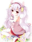  :o animal_ears azur_lane bangs bare_shoulders blush breasts bunny_ears camisole commentary_request eyebrows_visible_through_hair flower fuuna_thise hair_between_eyes hairband jacket laffey_(azur_lane) long_hair long_sleeves looking_at_viewer looking_back off_shoulder parted_lips pink_jacket pleated_skirt purple_flower red_eyes red_hairband red_skirt shoes silver_hair sitting skirt small_breasts solo thighhighs twintails very_long_hair wariza white_camisole white_flower white_footwear yellow_flower 