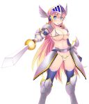  absurdres armor bikini bikini_armor blonde_hair blue_eyes blush breasts commentary_request covered_nipples dungeons_&amp;_princess gloves greaves highres large_breasts open_mouth pauldrons solmonte solo swimsuit sword takashi_moritaka thighhighs weapon 