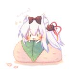  1girl azur_lane bangs black_bow blush_stickers bow cat_hair_ornament chibi eyebrows_visible_through_hair fang hair_between_eyes hair_bow hair_ornament hair_ribbon hammann_(azur_lane) leaf long_hair lying on_stomach open_mouth petals red_ribbon ribbon sakurato_ototo_shizuku silver_hair solo sparkle translation_request very_long_hair white_background |_| 