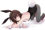  all_fours animal_ears ass black_leotard brown_eyes brown_hair bunny_ears bunny_girl bunny_tail bunnysuit commentary_request detached_collar full_body girls_und_panzer grey_legwear leotard looking_at_viewer nishizumi_maho pantyhose red_ribbon ribbon short_hair simple_background solo strapless strapless_leotard tail white_background wrist_cuffs yumesato_makura 