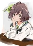  akiyama_yukari arm_support bad_id bad_twitter_id bangs black_neckwear blouse brown_eyes brown_hair character_name chin_rest closed_mouth commentary_request girls_und_panzer korean_commentary long_sleeves looking_at_viewer messy_hair naye neckerchief ooarai_school_uniform school_uniform serafuku short_hair sitting sketch smile solo upper_body white_blouse 