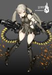  1girl absurdres ammunition_belt armband bangs bare_shoulders black_background black_dress black_gloves black_hair black_legwear blush breasts character_name closed_mouth destroyer_(girls_frontline) dress full_body girls_frontline gloves gradient gradient_background grey_background gun hair_between_eyes hair_ornament highres long_hair looking_at_viewer machine_gun medium_breasts multicolored_hair sangvis_ferri side_cutout sidelocks silver_hair sleeveless sleeveless_dress smile solo streaked_hair teruru_(pixiv_6148103) thighhighs twintails v-shaped_eyebrows weapon 