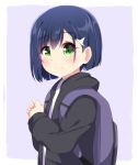  absurdres agung_syaeful_anwar backpack bag bangs black_hoodie blue_hair blush closed_mouth collared_shirt commentary_request darling_in_the_franxx eyebrows_visible_through_hair green_eyes hair_between_eyes hair_ornament highres hood hood_down hoodie ichigo_(darling_in_the_franxx) long_sleeves looking_at_viewer looking_to_the_side open_clothes open_hoodie own_hands_together purple_background shirt solo two-tone_background white_background white_shirt 