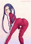  ass black-framed_eyewear blue_hair brown_eyes closed_mouth eyebrows_visible_through_hair eyes_visible_through_hair ghettoyouth glasses highres jacket long_hair looking_back oogaki_chiaki pants shiny shiny_hair smile solo standing track_jacket track_pants track_suit twintails yurucamp 
