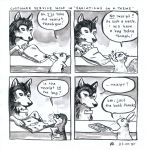  ! 2017 4koma ? canine comic customer_service_wolf dialogue lagomorph mammal marsupial mustelid opossum otter rabbit rodent snout speech_bubble squirrel text unknown_artist wolf 