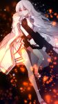  absurdres bangs blush bow cape commentary_request eyebrows_visible_through_hair fire girls_frontline gloves gun hair_between_eyes hair_ornament hair_ribbon hairclip highres holding holding_gun holding_weapon iws-2000_(girls_frontline) kneehighs light_particles long_hair looking_at_viewer looking_away military military_uniform pleated_skirt red_eyes ribbon shirt shoes sidelocks silver_hair sivi skirt solo thighs uniform weapon white_footwear white_gloves white_legwear 